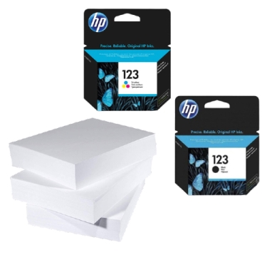 שלוש חבילות נייר ומארז דיו מקורי HP 123 (שחור וצבעוני)