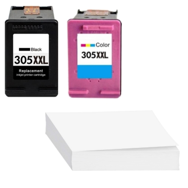 חבילת נייר וזוג מחסניות דיו תואמות HP 305XXL (אחד שחור ואחד צבעוני)