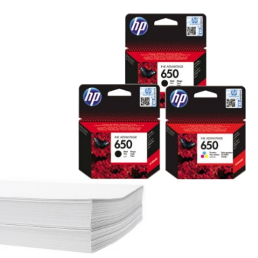חבילת נייר ומארז דיו מקורי HP 650 (צבעוני ושני שחורים)