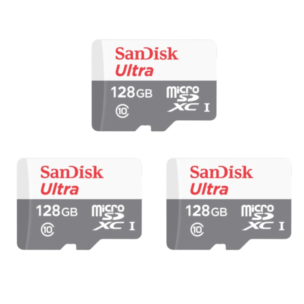 שלושה כרטיסי זיכרון SanDisk Ultra SDSQUNS-128G 128GB Micro SD