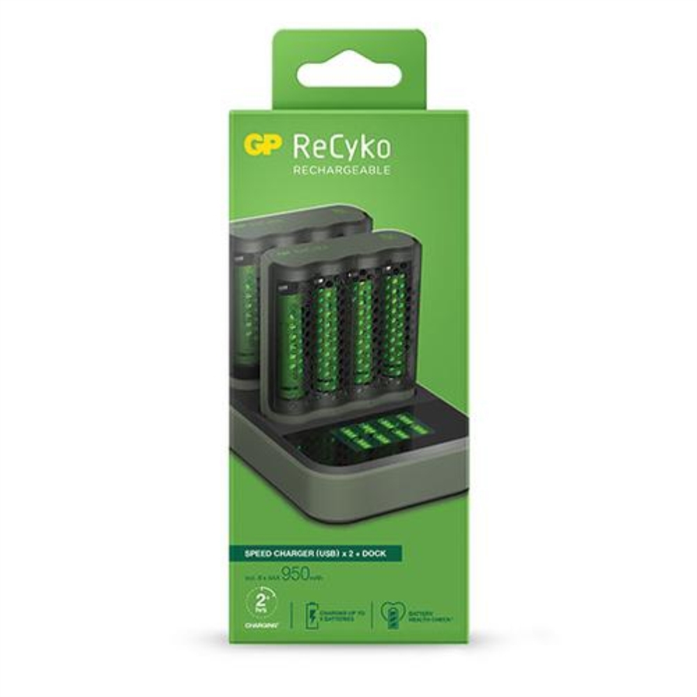 שני מטעני סוללות GP ReCyko AAA AA חיבור USB  (כולל ארבעה סוללות נטענות 2600mAh)